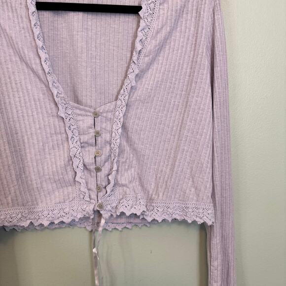 Free People Third Date Crop Top Womens Small Purple Lace Trim Ribbed Long Sleeve - Picture 6 of 7